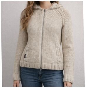 Abercrombie&Fitch Y2K Wool Chunky Knit Zip-Up Cream Beige Cozy Sweater Size L
